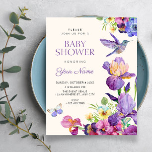 Purple Floral bird art elegant baby shower Invitation
