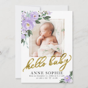 Purple Floral Birth Announcement & Thank You Card
