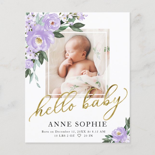 Purple Floral Birth Announcement Thank You Card (Front)