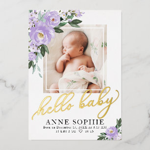 Purple Floral Birth Announcement & Thank You Card