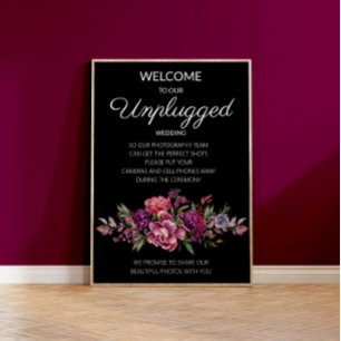 Purple Floral Black Botanical Unplugged Wedding Poster