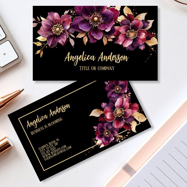  Purple Floral Black Business Card (Elegant Feminine Purple Floral Business Card - Double-sided)