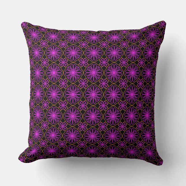 Purple Floral Black Repeat Pattern Art Design Cushion (Front)