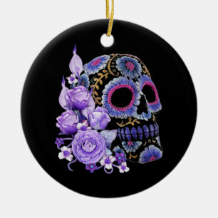 Purple Floral Black Sugar Skull Ceramic Ornament