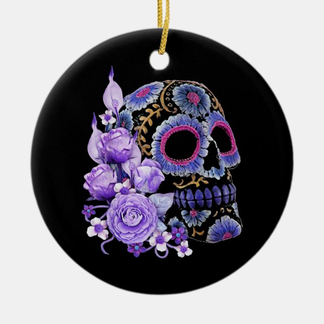 Purple Floral Black Sugar Skull Ceramic Ornament (Front)