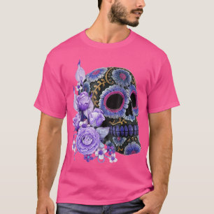 Purple Floral Black Sugar Skull Day Of he Dead  T-Shirt