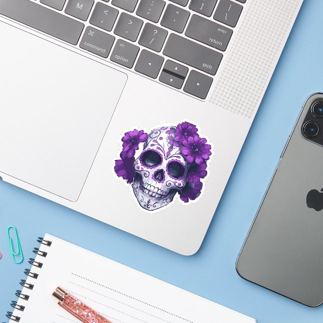 Purple Floral Black Sugar Skull Day Of The Dead (Laptop w/ iPhone)