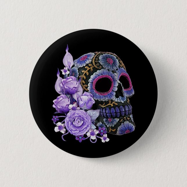 Purple Floral Black Sugar Skull Day Of The Dead 6 Cm Round Badge (Front)