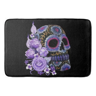 Purple Floral Black Sugar Skull Day Of The Dead Bath Mat