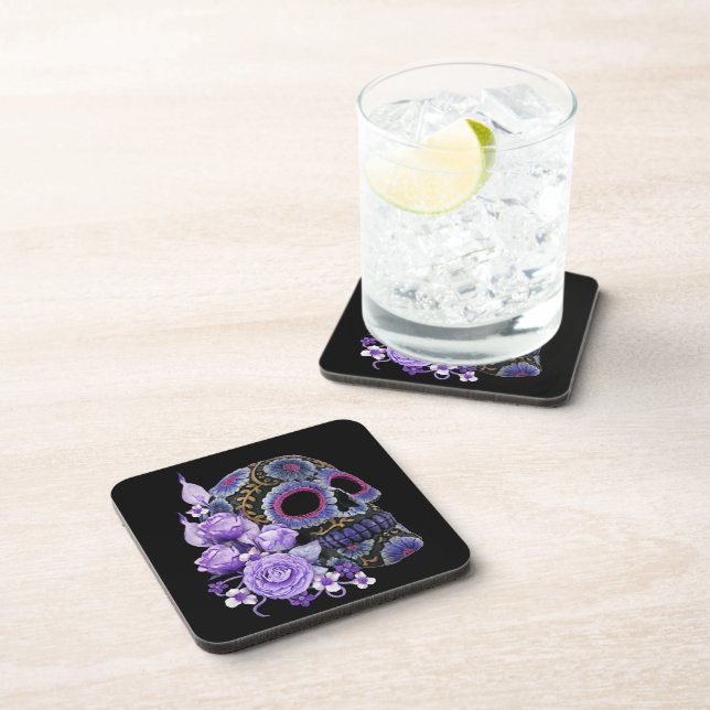 Purple Floral Black Sugar Skull Day Of The Dead Coaster (Right Side)