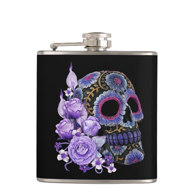 Purple Floral Black Sugar Skull Day Of The Dead Hip Flask (Front)