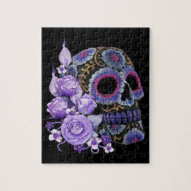 Purple Floral Black Sugar Skull Day Of The Dead Jigsaw Puzzle (Vertical)