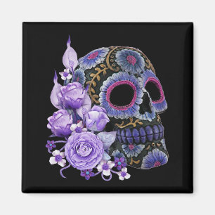 Purple Floral Black Sugar Skull Day Of The Dead Magnet