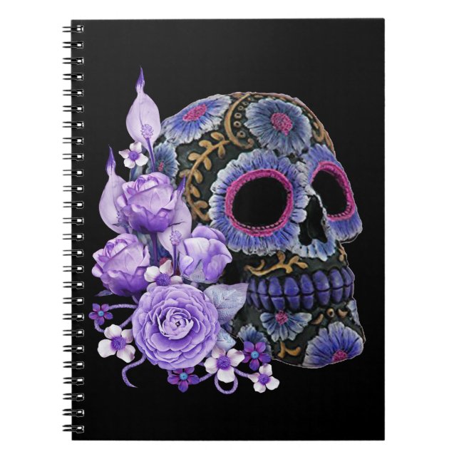 Purple Floral Black Sugar Skull Day Of The Dead Notebook (Front)