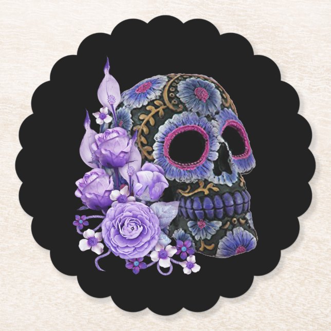 Purple Floral Black Sugar Skull Day Of The Dead Paper Coaster (Front)