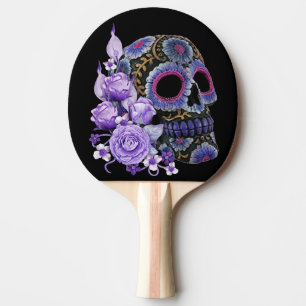 Purple Floral Black Sugar Skull Day Of The Dead Ping Pong Paddle