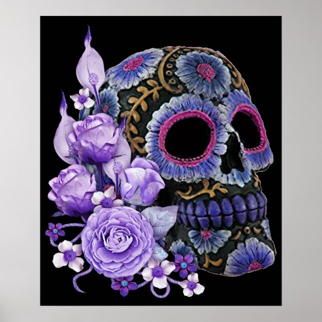 Purple Floral Black Sugar Skull Day Of The Dead Poster (Front)