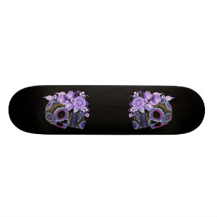 Purple Floral Black Sugar Skull Day Of The Dead Skateboard