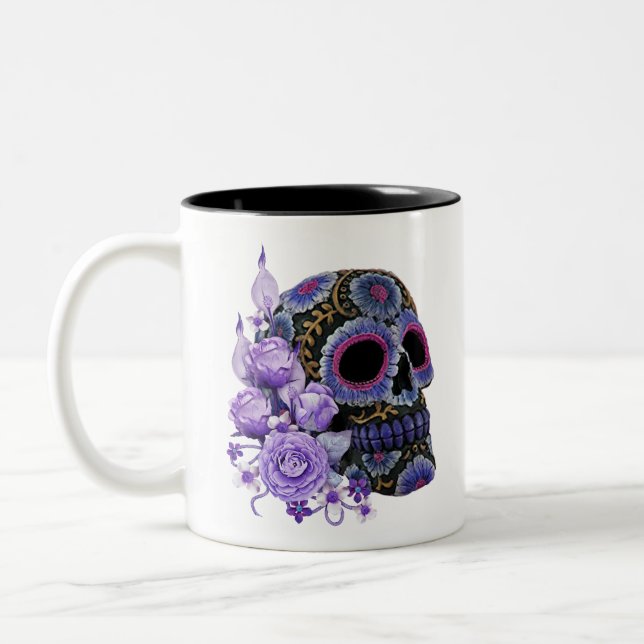 Purple Floral Black Sugar Skull Day Of The Dead Two-Tone Coffee Mug (Left)