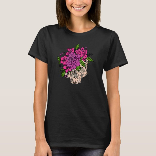 Purple Floral Black Sugar Skull Flower And Garden T-Shirt (Front)