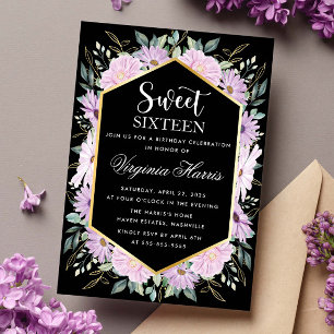 Purple Floral Black Sweet Sixteen 16 Birthday Invitation