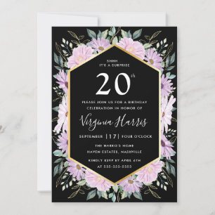 Purple Floral Black Twenty 20th Birthday Invitation