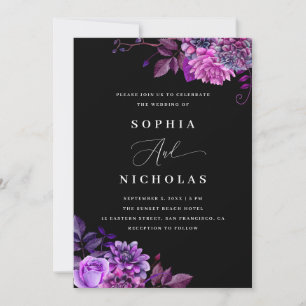 Purple Floral Black Wedding   Photo & QR Code Invitation