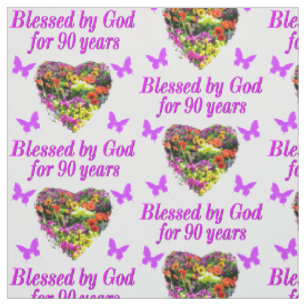 PURPLE FLORAL BLESSED BY GOD FOR 90 YEARS FABRIC
