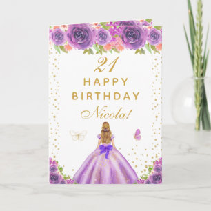 Purple Floral Blonde Hair Girl Birthday Card
