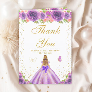 Purple Floral Blonde Hair Girl Birthday Party Thank You Card