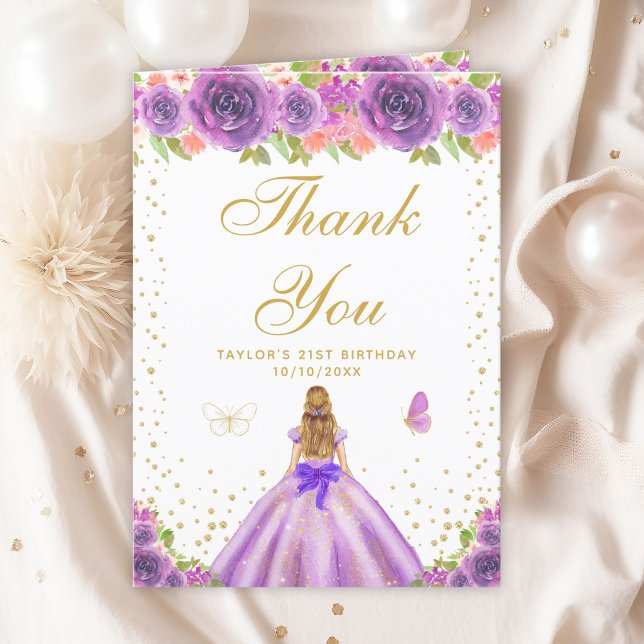 Purple Floral Blonde Hair Girl Birthday Party Thank You Card (Creator Uploaded)