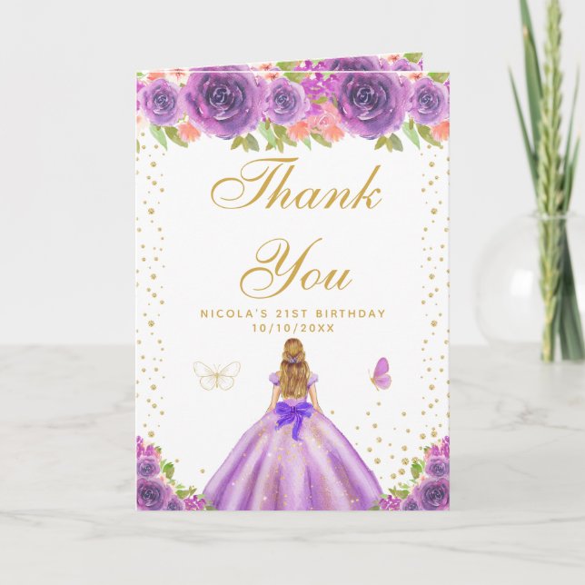 Purple Floral Blonde Hair Girl Birthday Thank You Card (Front)