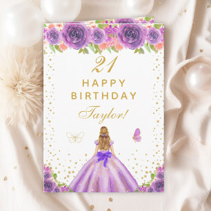 Purple Floral Blonde Hair Girl Happy Birthday Card