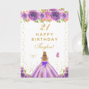 Purple Floral Blonde Hair Girl Happy Birthday Card