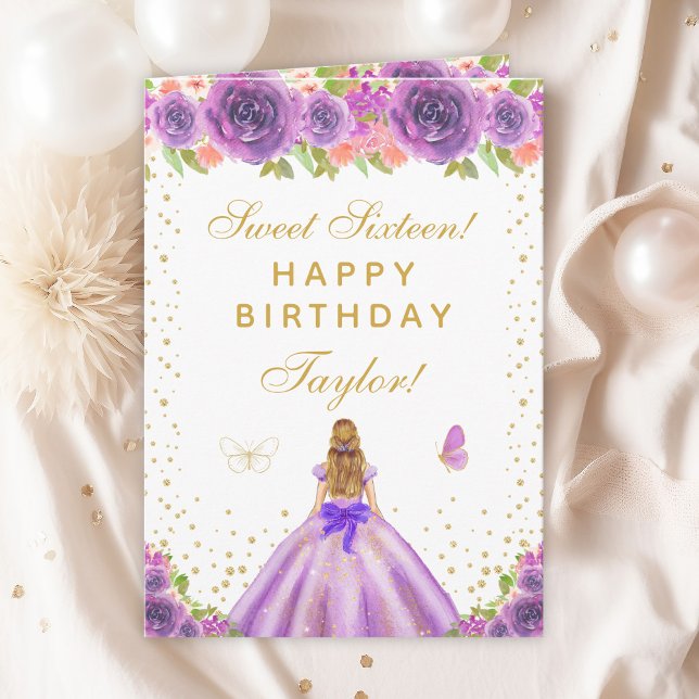 Purple Floral Blonde Hair Girl Sweet Sixteen Card (Creator Uploaded)