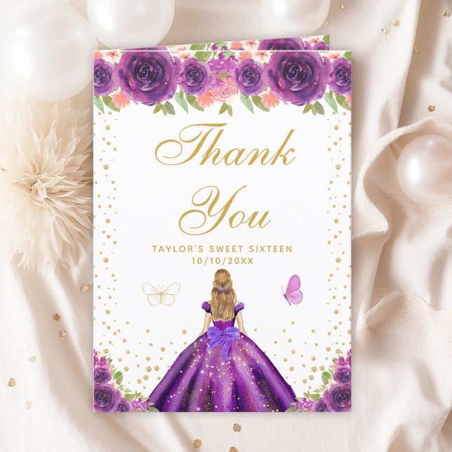 Purple Floral Blonde Hair Girl Sweet Sixteen Thank You Card (Creator Uploaded)