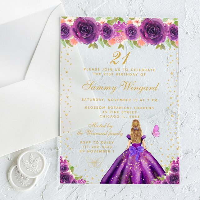 Purple Floral Blonde Hair Princess Birthday Party Acrylic Invitations (Creator Uploaded)