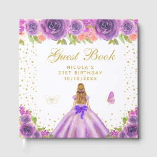 Purple Floral Blonde Hair Princess Birthday Party Guest Book