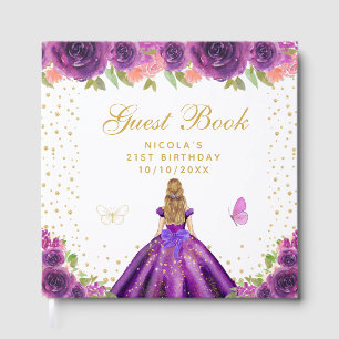 Purple Floral Blonde Hair Princess Birthday Party Guest Book