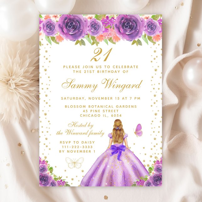 Purple Floral Blonde Hair Princess Birthday Party Invitation (Creator Uploaded)