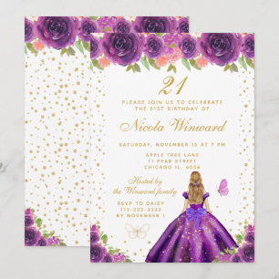 Purple Floral Blonde Hair Princess Birthday Party Invitation