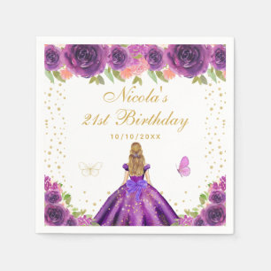 Purple Floral Blonde Hair Princess Birthday Party Napkin
