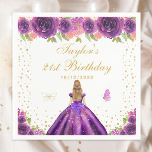 Purple Floral Blonde Hair Princess Birthday Party Napkin
