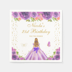 Purple Floral Blonde Hair Princess Birthday Party Napkin