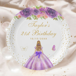 Purple Floral Blonde Hair Princess Birthday Party Paper Plate