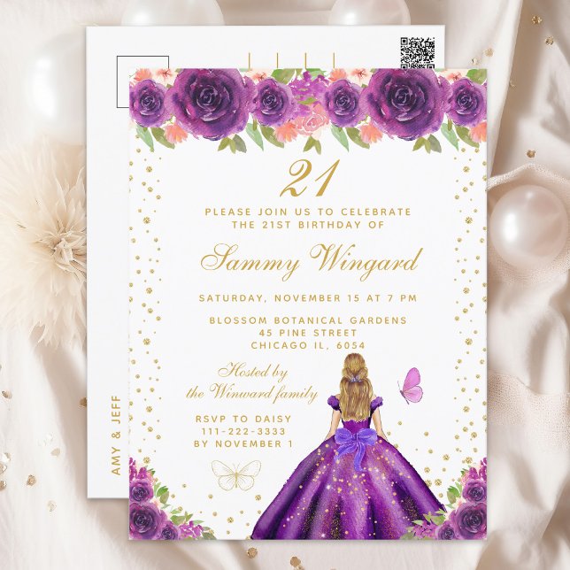 Purple Floral Blonde Hair Princess Birthday Party Postcard (Creator Uploaded)