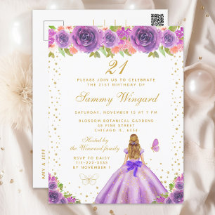 Purple Floral Blonde Hair Princess Birthday Party Postcard