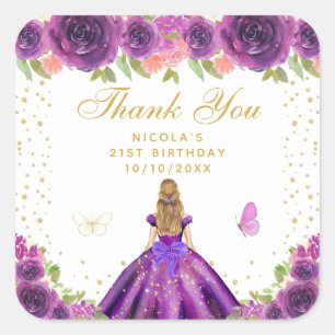 Purple Floral Blonde Hair Princess Birthday Party Square Sticker