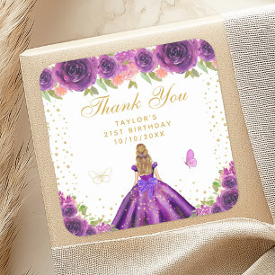 Purple Floral Blonde Hair Princess Birthday Party Square Sticker