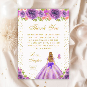Purple Floral Blonde Hair Princess Birthday Party Thank You Card